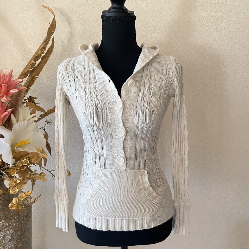 Justice Y2K Cable Knit Hooded Button Up Glitter Thread Ivory Cream Sweater XS
